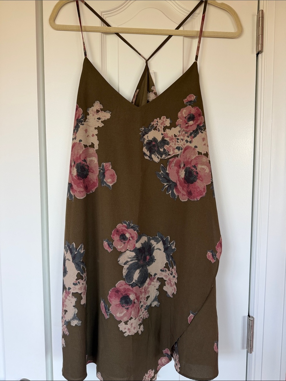 Free People Olive Green Floral Slip Mini Dress with Pink Blooms